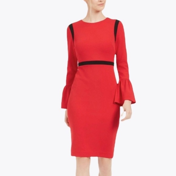 Calvin Klein Color-Blocked Bell Sleeve Sheath Dress- Red & Black- Size 10- NWT - Picture 1 of 12